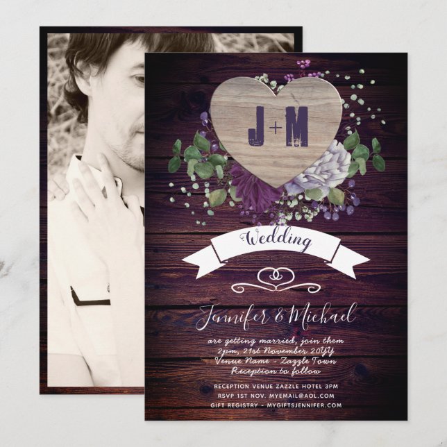Invitation Photographie de coeur rustique Mariage Inviter Boi (Devant / Derrière)