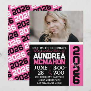 Invitation Photographie de graduation moderne rose noir et ch