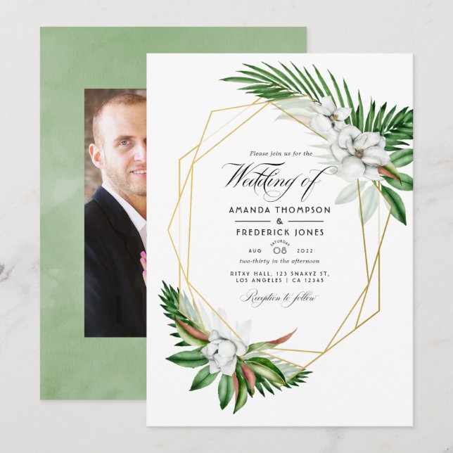 Invitation Photographie de mariage géométrique à verdure trop (Devant / Derrière)
