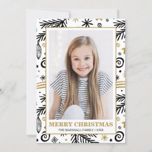 Invitation Photographie de Noël du pin blanc noir or tendance