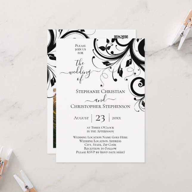Invitation Photographie et code QR du tourbillon de fête noir (Devant/Arrière en situation)