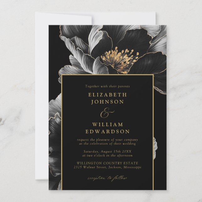 Invitation Photographie Florale Chic Noir Et Or Code QR Maria (Devant)