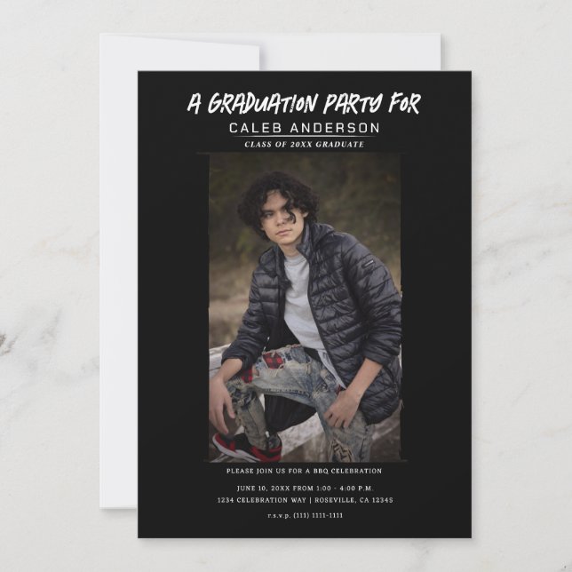 Invitation Photographie minimale Noire Fête de graduation (Devant)