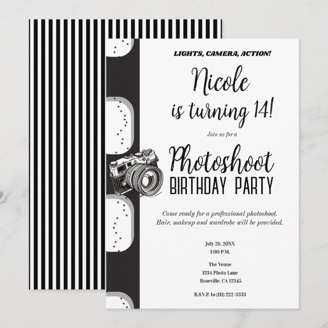 Invitation Photographie noir blanc Photoshoot fête d'annivers (Devant / Derrière)