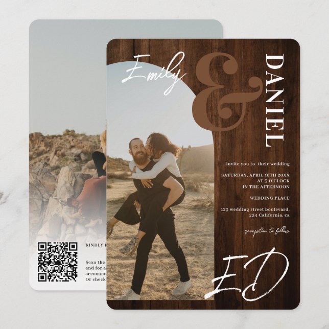 Invitation Photos caractères gras script arche bois brun mari (Devant / Derrière)