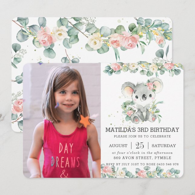Invitation Photos d'anniversaire de l'Eucalyptus Koala Floral (Devant / Derrière)