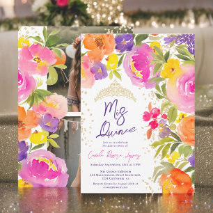 Invitation Photos d'aquarelle rose florale d'été Quinceanera