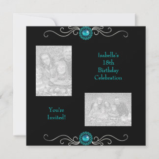 Invitation Photos de 18 ans Noir Argent Vert Bleu Bijou