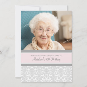 Invitation Photos de Gray Damask 90th Birthday Party Invitati
