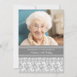 Invitation Photos de Gray Damask 90th Birthday Party Invitati