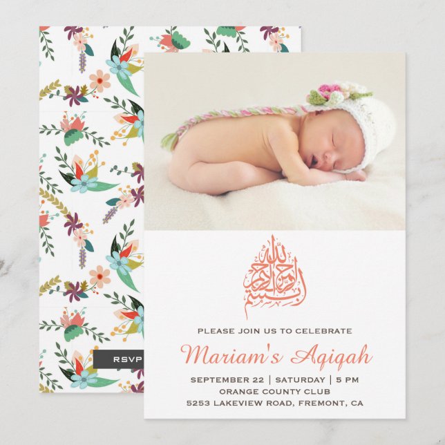 Invitation Photos de la petite fille florale Aqiqah (Devant / Derrière)
