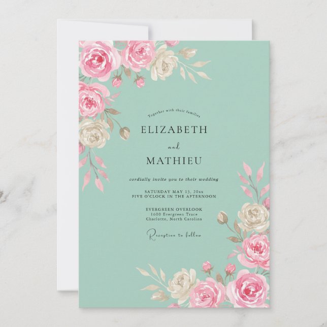Invitation Photos de mariage rose pittoresque vert menthe (Devant)