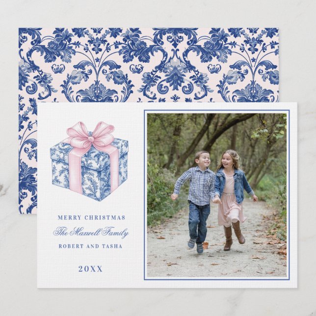 Invitation Photos de Noël rose et bleu (Devant / Derrière)