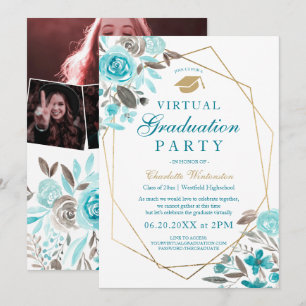 Invitation Photos d'images d'or floral bleu Virtual Graduatio