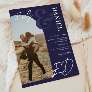 Invitation Photos en gras noms script arc marine bleu mariage