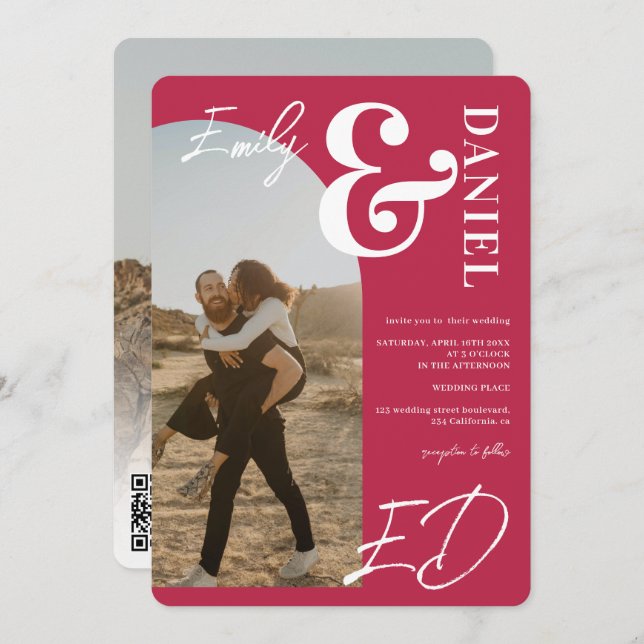Invitation Photos en gras noms script arche magenta mariage (Devant / Derrière)