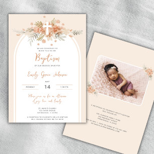 Invitation Photos Floral Watercolor Cross Peach Baptiser
