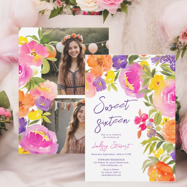 Invitation Photos rose d'aquarelle fleurie d'été Sweet 16 (Pink summer floral watercolor photos Sweet 16 Invitation)