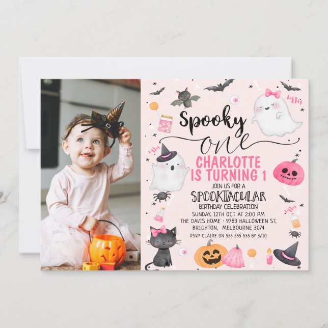 Invitation Photos roses Filles Éffrayant Un Halloween 1er ann (Devant)