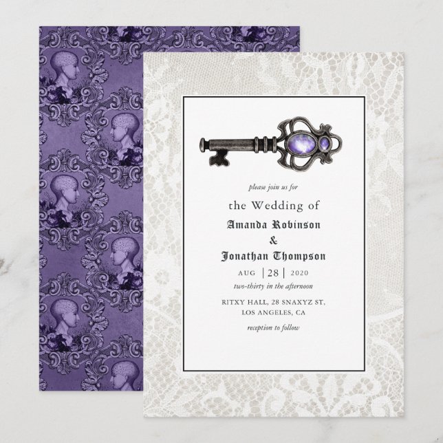 Invitation Phrenologie violette et noire victorienne Mariage  (Devant / Derrière)