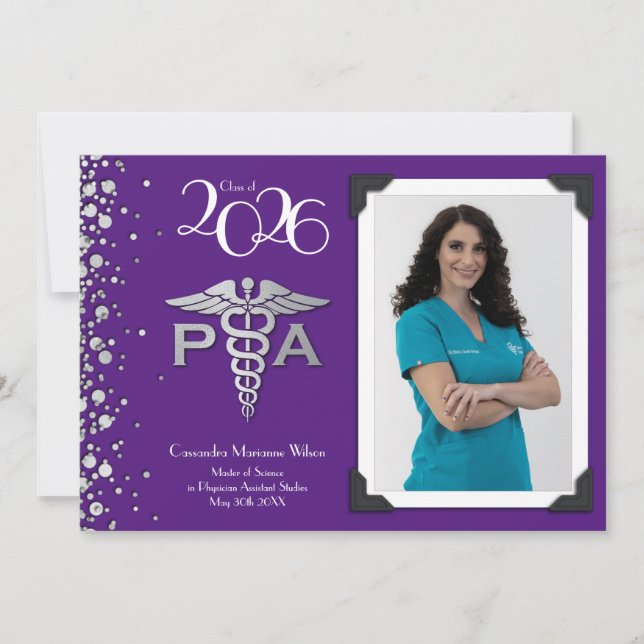 Invitation Physician Assistant PA Graduation Purple Silver (Devant)