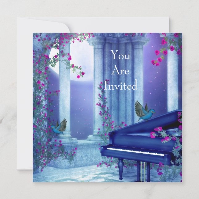 Invitation Piano Birds Lune Bleu (Devant)