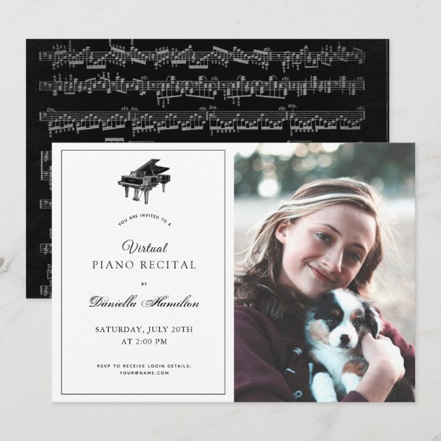 Invitation Piano classique blanc virtuel considérant photo (Devant / Derrière)