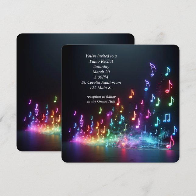 Invitation Piano Considérant Neon Notes musicales (Devant / Derrière)