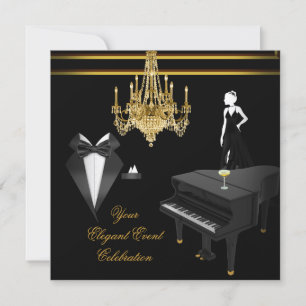 Invitation Piano de fête élégant lustre or champagne