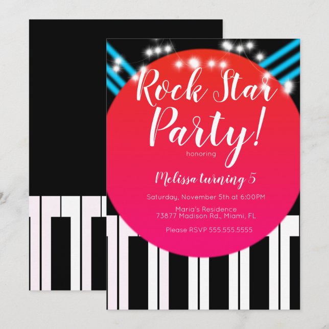 Invitation Piano de musique Rockstar fête d'anniversaire (Devant / Derrière)