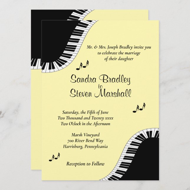 Invitation Piano Keyboard Music RSVP avec Menu Jaune (Devant / Derrière)
