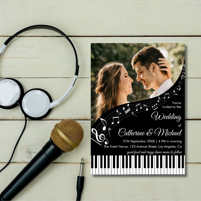 Invitation Piano Music Black & White Photo QR Code Mariage (Créateur téléchargé)