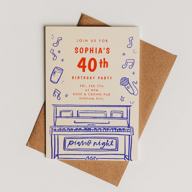 Invitation Piano Night 40e Anniversaire Illustrations à main (Piano Night 40th Birthday Hand-Drawn Illustrations Invitation)
