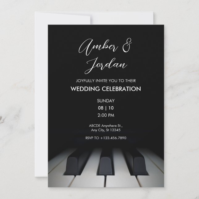 Invitation Piano noir moderne simple mariage (Devant)
