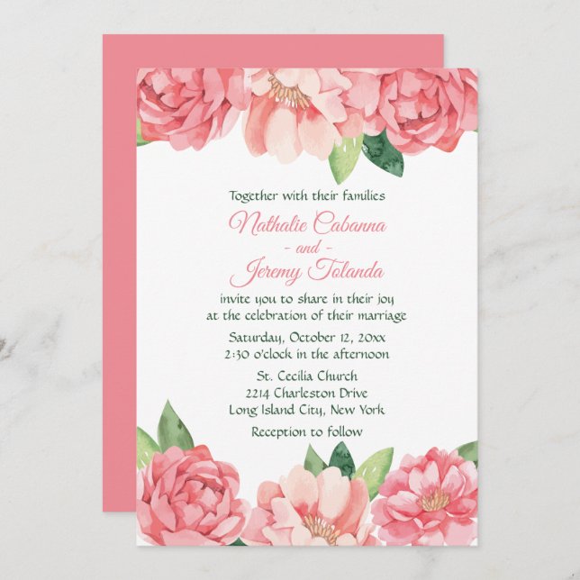 Invitation Pic rose floral Roses Fleurs de mariage (Devant / Derrière)