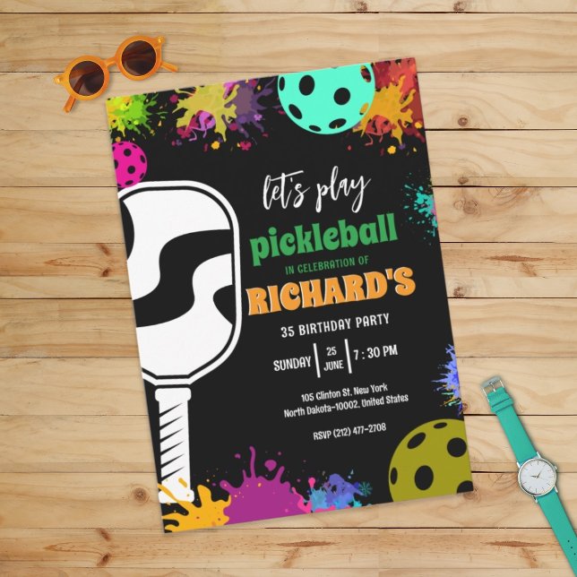 Invitation Pickleball Anniversaire Colorée Sports Party (Créateur téléchargé)