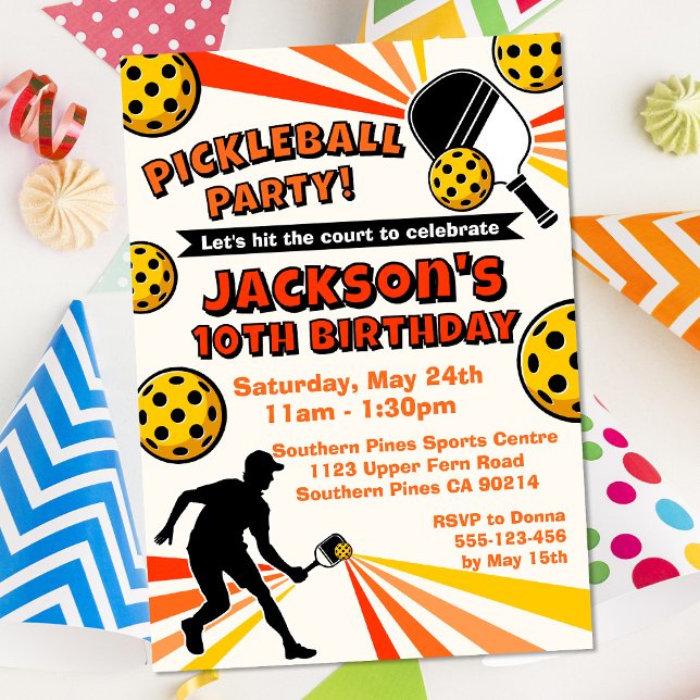 Invitation Pickleball Anniversaire Fête Retro Joueurs Vintage (Pickleball Birthday Party Invitation - Orange/Yellow)