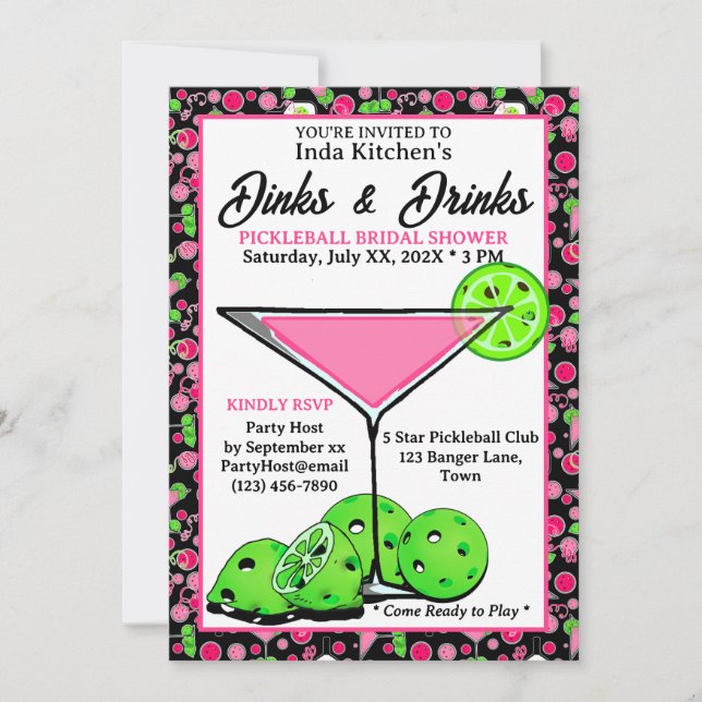 Invitation Pickleball Bridal Shower Dinks & Drinks Pink Black (Devant)