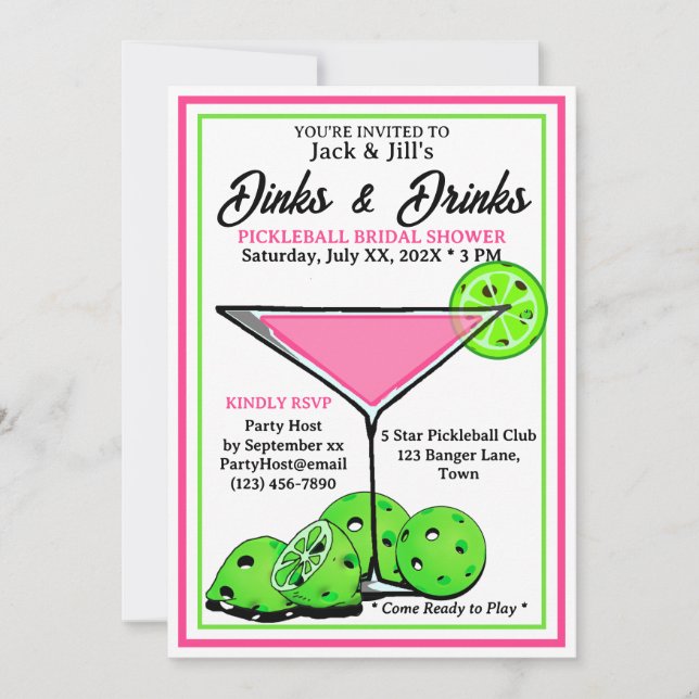 Invitation Pickleball Bridal Shower Dinks & Drinks Pink Cosmo (Devant)