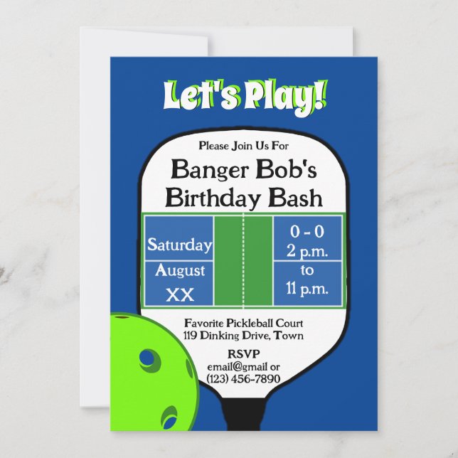 Invitation Pickleball Court Anniversaire Party Blue Green Pho (Devant)