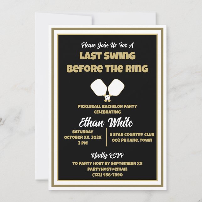 Invitation Pickleball Mariage Bachelor Party Noir et or (Devant)
