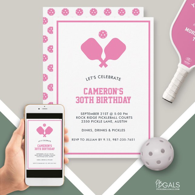 Invitation Pickleball Party Paddles Rose Blanc Personnalisé (Créateur téléchargé)