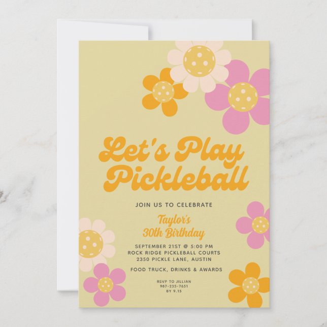 Invitation Pickleball Party Super Retro Rose Orange Fleurs (Devant)