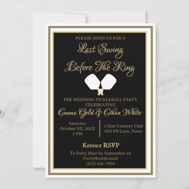 Invitation Pickleball Wedding Party Black and Gold (Devant)