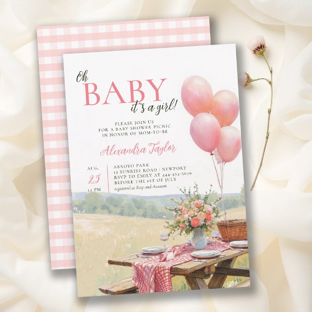 Invitation Picnic Balloons Wildflowers Pink Girl Baby Shower (picnic baby shower invitation card template watercolor outdoors summer backyard floral balloons)
