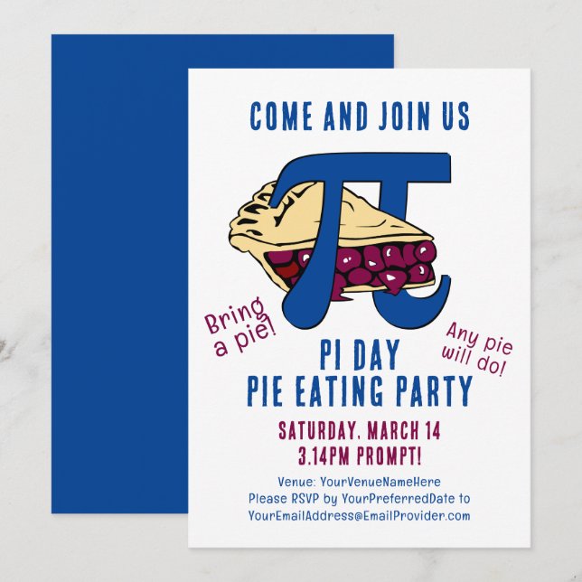 Invitation Pie Eating PI DAY Party (Devant / Derrière)