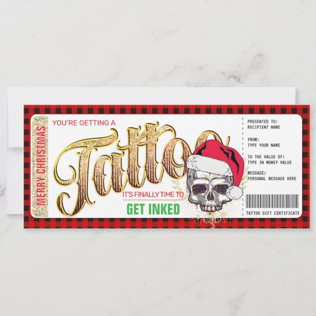 Invitation Pièce de certificat cadeau de tatouage de Noël (Devant)