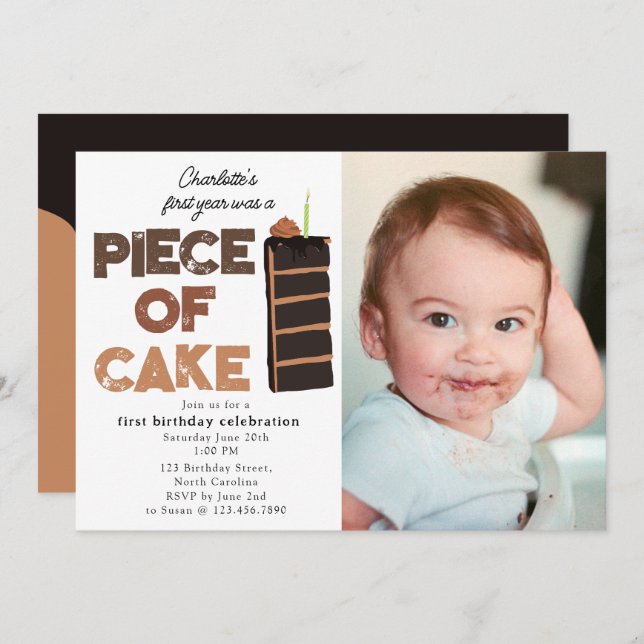 Invitation Piece of Cake Invite 1st  First Birthday Photo (Devant / Derrière)