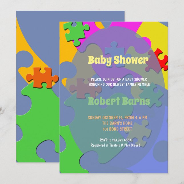 Invitation Pièces de puzzle Baby shower garçon (Devant / Derrière)
