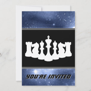 Invitation Pièces d'échecs blanches et Galaxie spatiale Anniv